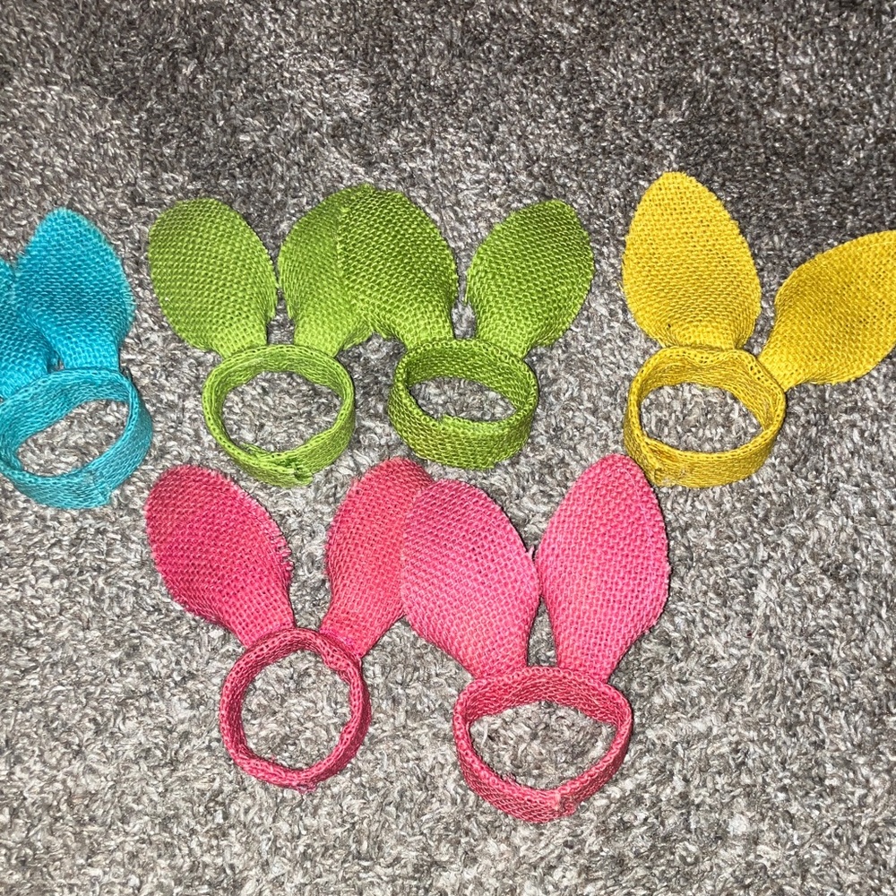 Hand Crafted Vibrant Bunny Ear Napkin Rings Burlap Set Of 6
